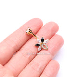 Golden Marquise Brilliance Leaflet Flower Sparkle Belly Button Ring-Clear/Black