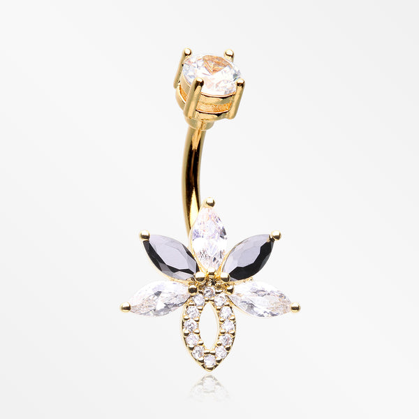 Golden Marquise Brilliance Leaflet Flower Sparkle Belly Button Ring-Clear/Black