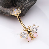 Golden Spring Essence Butterfly Flower Sparkle Belly Button Ring-Clear/Rose Quartz