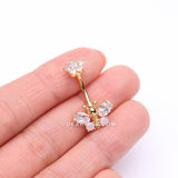 Golden Spring Essence Butterfly Flower Sparkle Belly Button Ring-Clear/Rose Quartz