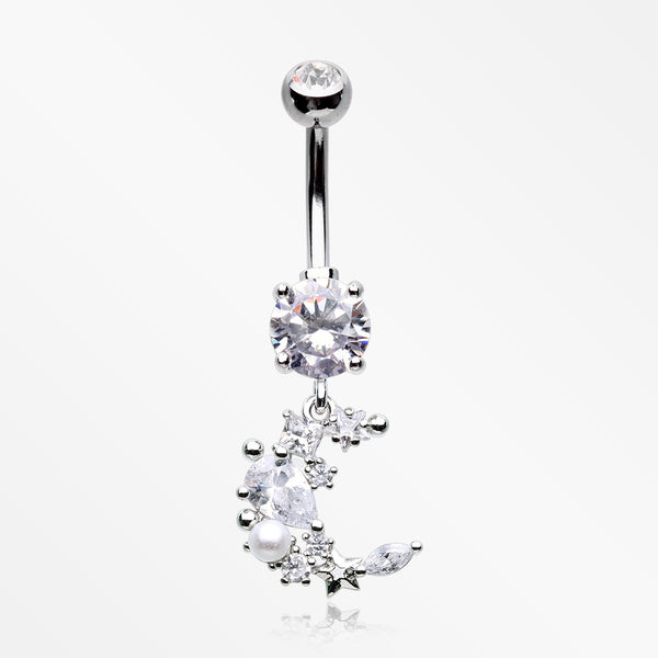 Celestial Sparkle Crescent Moon Array Belly Button Ring-Clear Gem