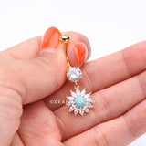 Golden Marquise Sparkle Rays Turquoise Flower Belly Button Ring-Clear/Turquoise