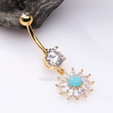 Golden Marquise Sparkle Rays Turquoise Flower Belly Button Ring-Clear/Turquoise