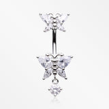 Glistening Butterfly Sparkle Duo Dangle Belly Button Ring-Clear Gem