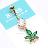 Golden Sparkle Cannabis Leaf Belly Button Ring-Clear/Green