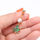Golden Sparkle Cannabis Leaf Belly Button Ring-Clear/Green