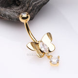 Golden Adorable Butterfly Sparkle Dangle Belly Button Ring-Clear Gem