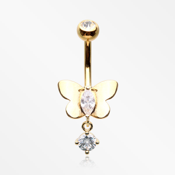 Golden Adorable Butterfly Sparkle Dangle Belly Button Ring-Clear Gem