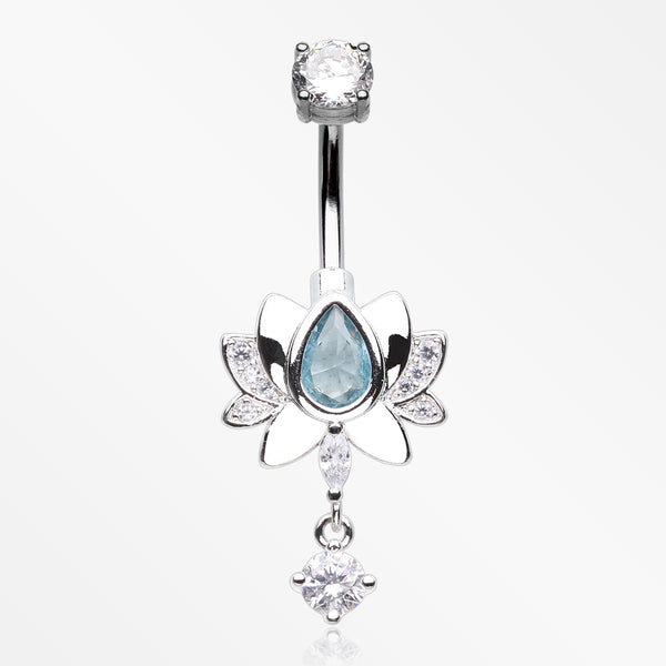 Glistening Lotus Sparkle Dangle Belly Button Ring-Clear/Aqua