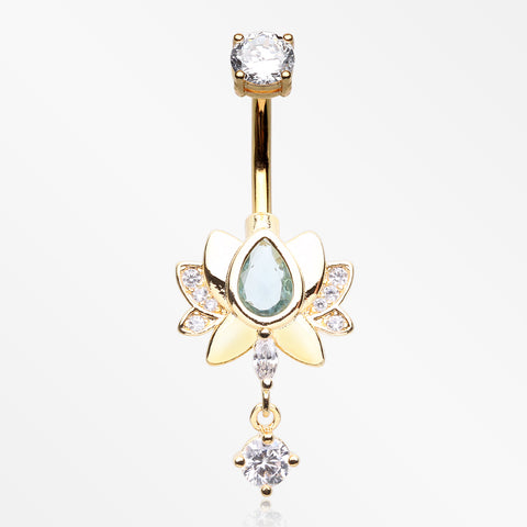 Golden Glistening Lotus Sparkle Dangle Belly Button Ring-Clear/Aqua