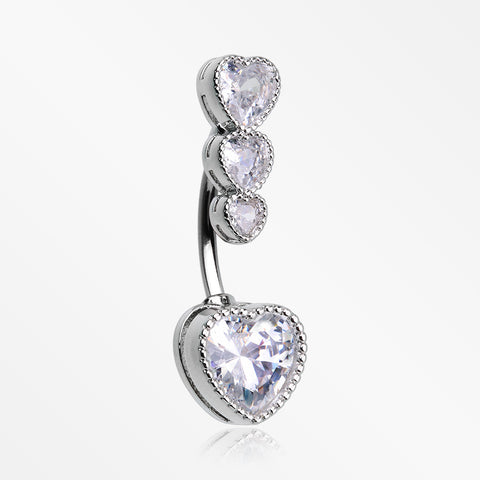 Brilliant Sparkle Cascading Heart Drop Top Belly Button Ring-Clear Gem