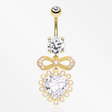 Golden Bubbly Heart Sparkle Bow-Tie Dangle Belly Button Ring-Clear Gem