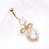 Detail View 2 of Golden Bubbly Heart Sparkle Bow-Tie Dangle Belly Button Ring-Clear Gem