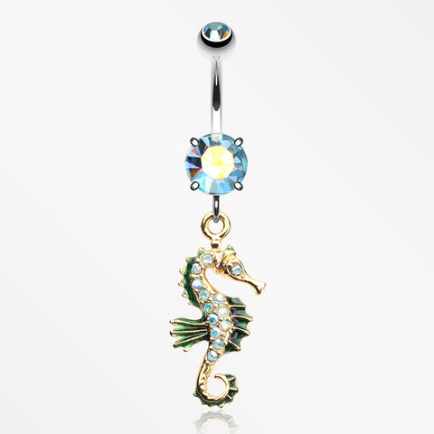 Glam Seahorse Sparkle Dazzle Belly Button Ring-Aqua/Aurora Borealis
