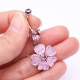 Detail View 3 of Shimmering Flower Heart Petal Sparkle Dangle Belly Ring-Pink