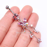 Detail View 3 of Butterfly Flower Garden Dangle Sparkle Belly Button Ring-Pink/Aurora Borealis