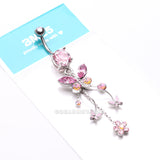 Detail View 4 of Butterfly Flower Garden Dangle Sparkle Belly Button Ring-Pink/Aurora Borealis