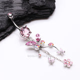 Detail View 2 of Butterfly Flower Garden Dangle Sparkle Belly Button Ring-Pink/Aurora Borealis
