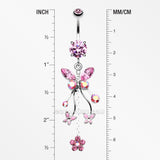 Detail View 1 of Butterfly Flower Garden Dangle Sparkle Belly Button Ring-Pink/Aurora Borealis