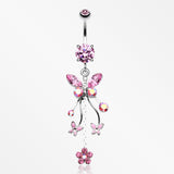 Butterfly Flower Garden Dangle Sparkle Belly Button Ring-Pink/Aurora Borealis