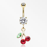 Golden Lucky Cherry Sparkle Belly Button Ring-Clear Gem/Red