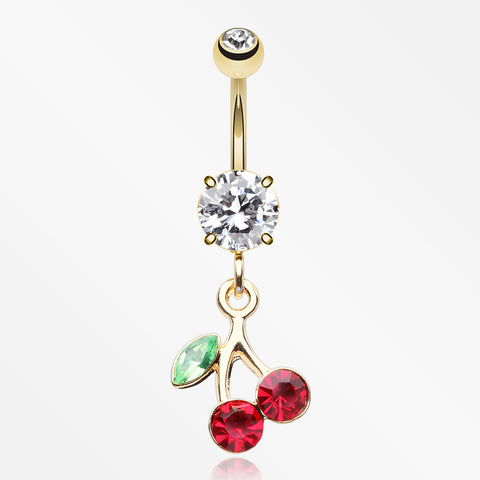 Golden Lucky Cherry Sparkle Belly Button Ring-Clear Gem/Red