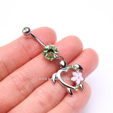Detail View 3 of Hawaiian Flower Turtle Sparkle Belly Button Ring-Light Green