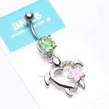 Detail View 4 of Hawaiian Flower Turtle Sparkle Belly Button Ring-Light Green
