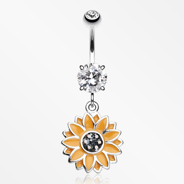 Beach Sunflower Sparkle Belly Button Ring-Clear Gem/Hematite