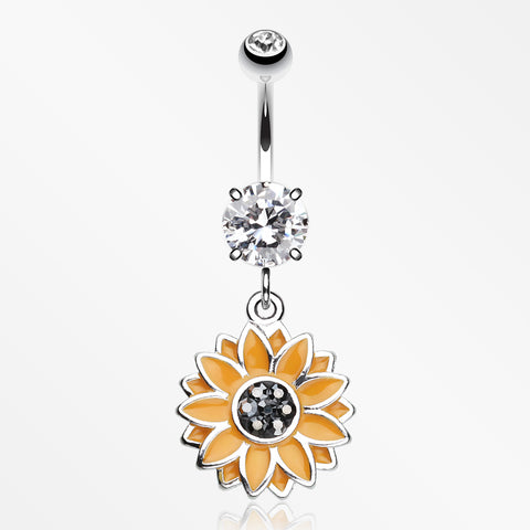 Beach Sunflower Sparkle Belly Button Ring-Clear Gem/Hematite
