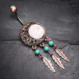 Vintage Boho Filigree Moon Opal Dreamcatcher Belly Button Ring-Brass/Clear/White