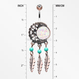 Vintage Boho Filigree Moon Opal Dreamcatcher Belly Button Ring-Brass/Clear/White