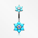 Turquoise Flower Sparkle Prong Set Belly Button Ring-Aurora Borealis/Turquoise