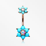 Rose Gold Turquoise Flower Sparkle Prong Set Belly Button Ring-Aurora Borealis/Turquoise