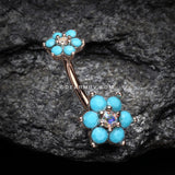 Rose Gold Turquoise Flower Sparkle Prong Set Belly Button Ring-Aurora Borealis/Turquoise