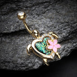 Golden Hawaiian Flower Turtle Opal Sparkle Belly Button Ring-Clear/Black