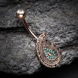 Rose Gold Vintage Boho Paisley Turquoise Belly Button Ring-Clear