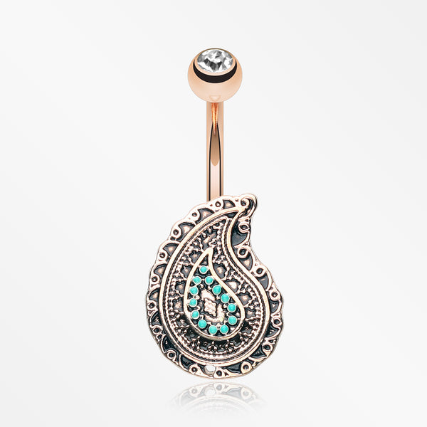 Rose Gold Vintage Boho Paisley Turquoise Belly Button Ring-Clear