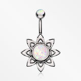 Hematite Starburst Opal Sparkle Flower Belly Button Ring-White