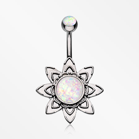 Hematite Starburst Opal Sparkle Flower Belly Button Ring-White