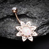 Rose Gold Starburst Opal Sparkle Flower Belly Button Ring-White