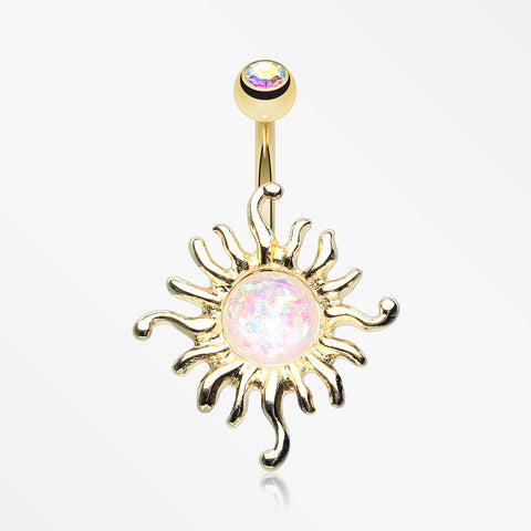 Golden Blazing Opal Sun Belly Button Ring-Aurora Borealis/White