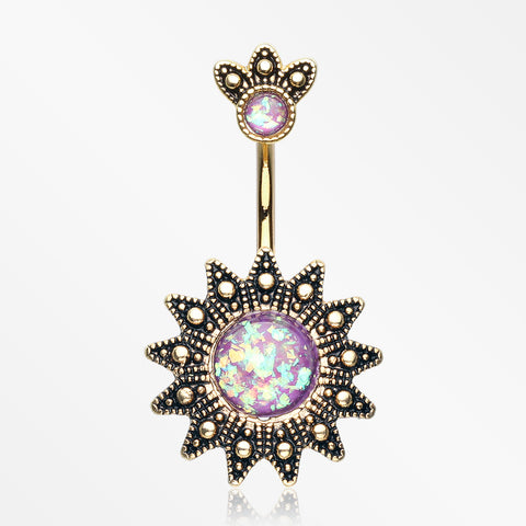 Golden Antique Tribal Sun God Opal Sparkle Belly Button Ring-Purple