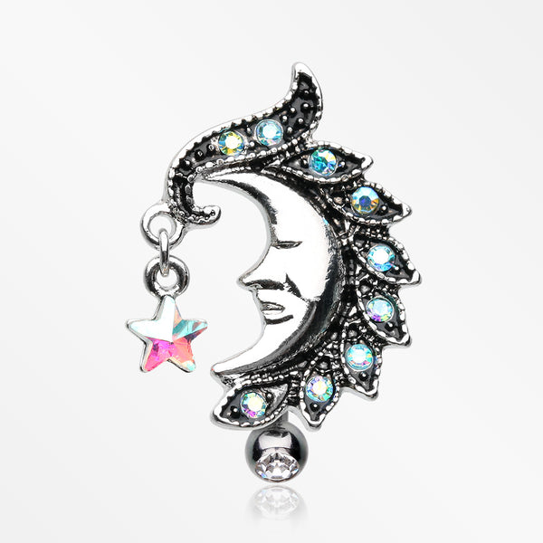 Sparkle Star Crescent Moon Reverse Belly Button Ring-Aqua/Aurora Borealis
