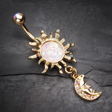 Golden Blazing Sun Opal Sparkle Moon Dangle Belly Button Ring-Aurora Borealis/White