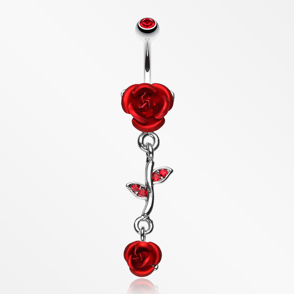 Bright Metal Rose Vine Dangle Belly Ring-Red
