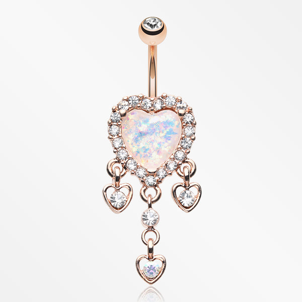 Rose Gold Brilliant Opal Sparkle Heart Dangle Belly Button Ring-Clear/White