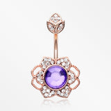 Rose Gold Antique Meadow Flower Belly Button Ring-Clear/Purple