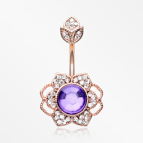Rose Gold Antique Meadow Flower Belly Button Ring-Clear/Purple