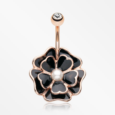 Rose Gold Black Dahlia Flower Belly Button Ring-Clear